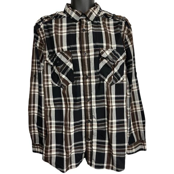 Helix Button Up Shirt Men XL Brown Black Plaid Athletic Fit Pockets Long Sleeves - Picture 1 of 5